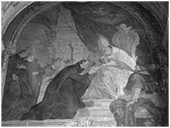 Fresco (wall painting) of approving of bylaw of Society of Jesus depicting Ignatius of Loyola receiving Papal bull Regimini militantis Ecclesiae from Pope Paul III